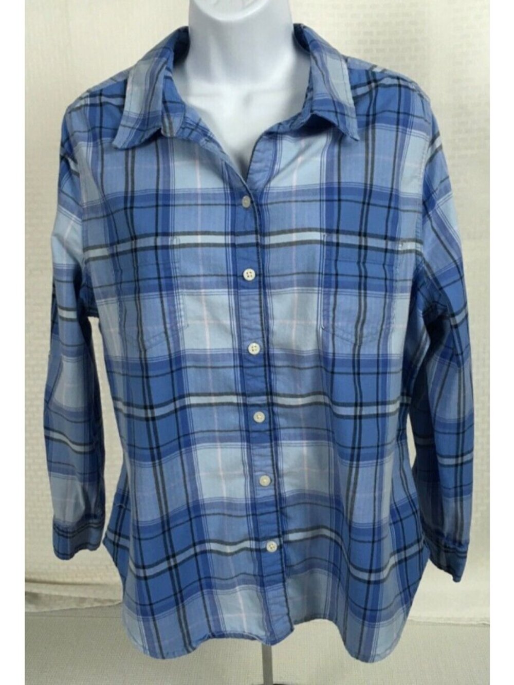 Allison Daley Top Size PL Blue Plaid Front Pockets Button Down Long Sleeve